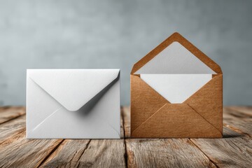 Envelope, stamps, gift and pen on rustic wooden table prepare for writing message