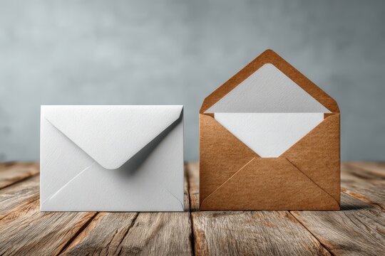 Envelope, stamps, gift and pen on rustic wooden table prepare for writing message - Powered by Adobe