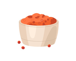 Bowl of red caviar icon. Natural fish roe, organic spawn. Healthy seafood, raw sea food, delicious undersea eating, appetizing underwater product. Flat isolated vector illustration on white background