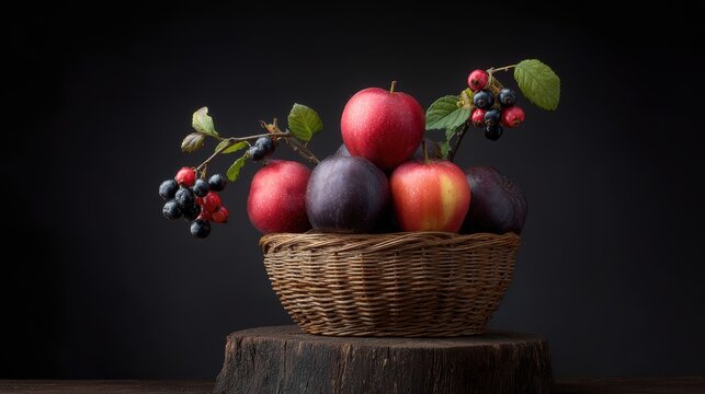 Fresh Apples, Plums, Berries Still Life in Basket