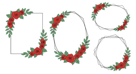 Naklejka premium A collection of lovely red floral borders and frames with green leaves.