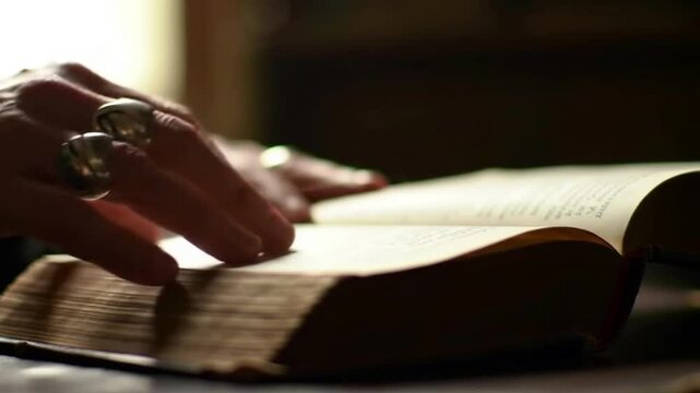 Close-up shot of a person's hand with rings on a book's pages, reading.