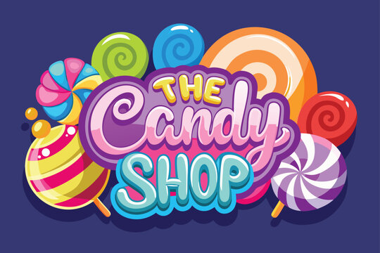 Colorful lollipop and hard candy surround a stylish text of the candy shop on dark background