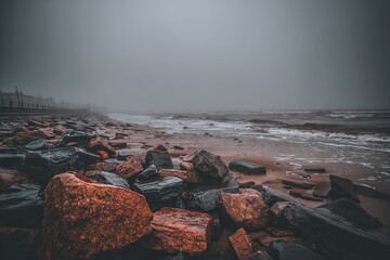 Rocky shoreline meets a moody, misty sea under a gray sky