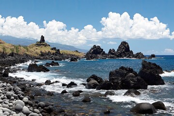 Rocky volcanic coast meeting blue ocean beneath a bright cloudy sky