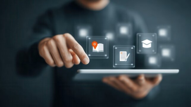 Internet based education Students connected through holographic screens sharing digital knowledge futuristic online learning network