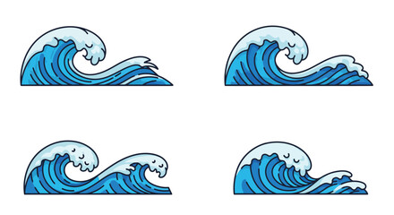 Four blue and white wave illustrations arranged on a white background