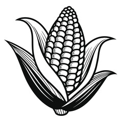 Black and white corn cob shows detailed kernels and overlapping husk leaves