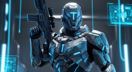 A futuristic soldier in advanced powered armor holding a high-tech rifle against a sci-fi background with holographic displays.