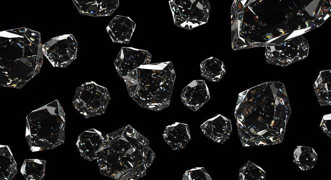 Floating crystal diamonds with sparkling reflections on black background