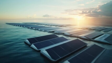 Solar panel array floating on water at sunset generating clean energy