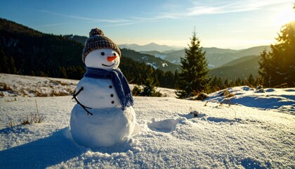 Obraz premium Little snowman in a cap and a scarf on snow in the winter
