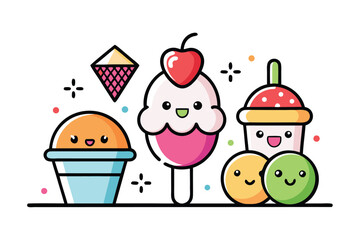 Assorted cute desserts with happy faces are arranged together in this cartoon styled confectionary scene