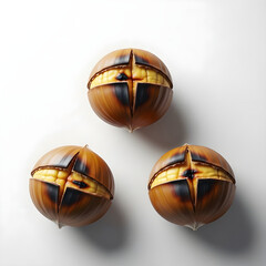 A perfect trio of freshly roasted chestnuts, a warm and savory autumn delicacy isolated on a clean white background
