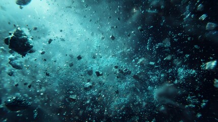 Obraz premium Underwater debris and bubbles swirl in turbulent deep blue ocean currents.