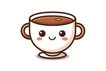 A cartoonish coffee cup smiling with a happy face is sitting comfortably