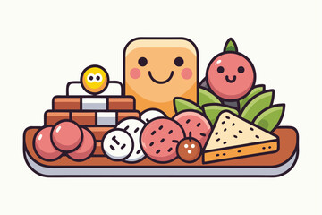 Cartoon sandwich smiles, accompanied by bread, meat and cheese, all arranged appetizingly