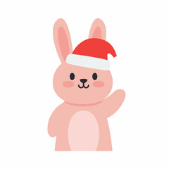 Cute Cartoon Pink Bunny Wearing Santa Hat Celebrating Christmas Holiday