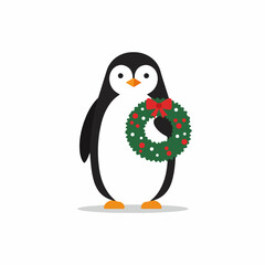 Flat Cartoon Penguin Holding Christmas Wreath Festive Season Celebration Icon