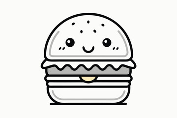 Smiling burger with sesame seed bun and beef patty sits quietly alone