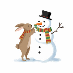Whimsical Handdrawn Rabbit Decorating Snowman Illustration for Winter Holiday Season
