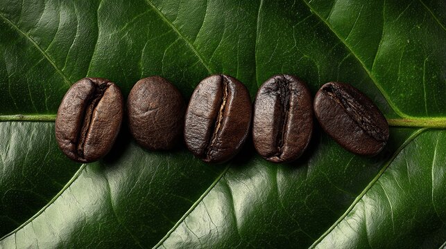 Rich, aromatic coffee beans artfully arranged on a vibrant, textured green leaf, evoking natural freshness and premium quality.