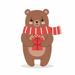 Cute Cartoon Brown Bear with Present Wrapped in Scarf Illustration