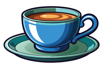 Cartoon blue cup contains hot coffee sitting on a teal saucer beautifully