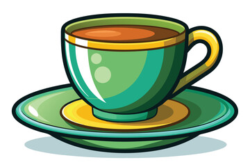 Tea fills a quaint green cup resting gently on its matching saucer