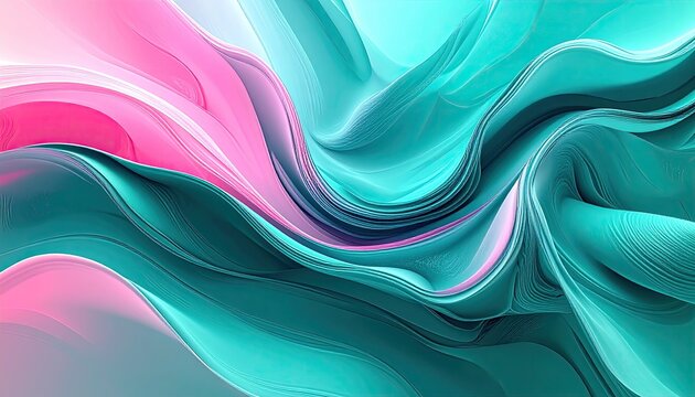 Abstract digital art with flowing waves of pink and teal colors emerging from the center with light effects and textured patterns