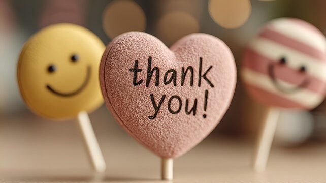Heart-Shaped Paper Cutout with "Thank You!", Smiley Faces, and Lollipop on Soft Pastel Background | Warm Digital Card, Social Media Post, and Romantic Design