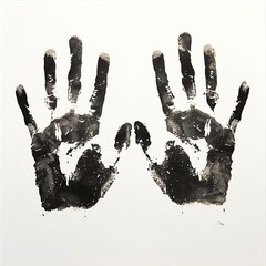 This photo shows two black handprints on a white background, as if imprinted with ink or paint.
