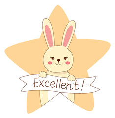 Hand drawn bunny sticker with banner “Excellent!”. Adorable pastel illustration for kids, rewards, and educational materials.