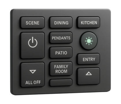Multi-button control panel for managing various zones in spacious family rooms.