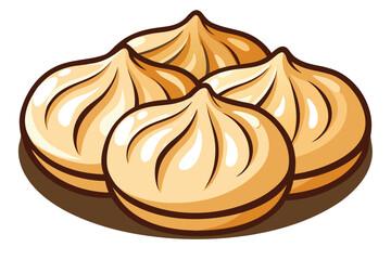 Four delectable Chinese soup dumplings sit closely together on a single plate