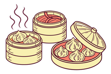 Three bamboo steamers contain dumplings and noodles, creating a delicious, enticing Asian food scene