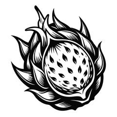 Monochromatic dragon fruit displays sharp spiky textures and small seeds on a white backdrop