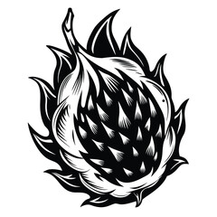 Detailed of a dragon fruit displays intricate spiky scales in stark black and white