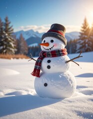 Obraz premium Little snowman in a cap and a scarf on snow in the winter