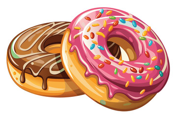 Two delicious donuts displayed featuring pink frosting and chocolate drizzled toppings against a clean background