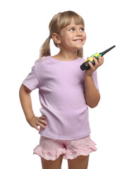 Little girl with walkie talkie toy on white background