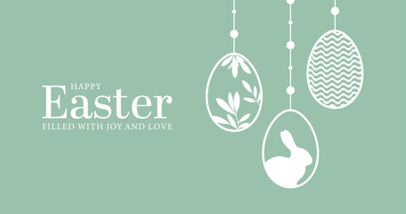Minimalistic greeting card or web banner design for Easter Day. Easter eggs with floral patterns and bunnies