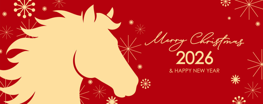 Chinese New Year 2026. Greeting card or web banner with the symbol of the year horse