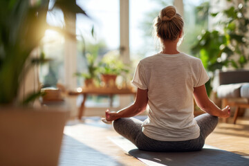 Fototapeta premium Woman Meditating in Sunlit Room with Plants