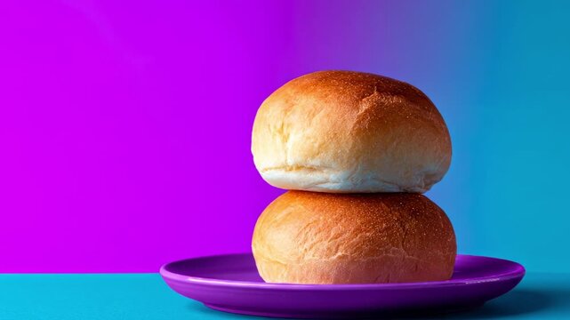 Two freshly baked, golden-brown bread rolls are artfully stacked on a vibrant purple plate, creating an inviting and aesthetically pleasing composition. The scene is set against a striking dual-tone b