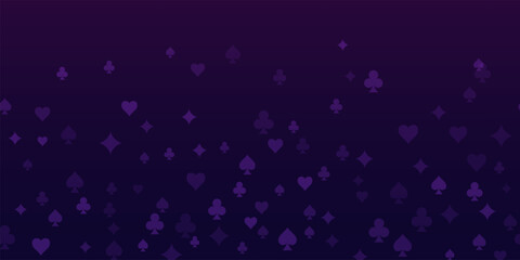Casino background. Flying purple glowing playing cards on black background. Sparkling hearts, clubs, diamonds and spades on dark. Online gambling concept. VIP abstract vector illustration.
