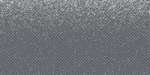 Silver glitter snow overlay on transparent background. Falling sparkle particles create festive shimmer effect for winter decorations, Christmas, New Year themes. Holiday vector illustration.