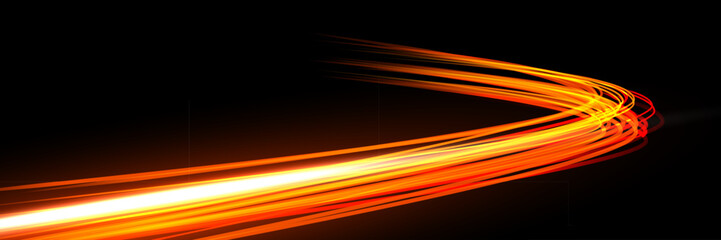 Light speed trail. Curved glowing orange and yellow wave on black background. Dynamic energy lines with motion blur and bright central beam. Futuristic abstract vector illustration.