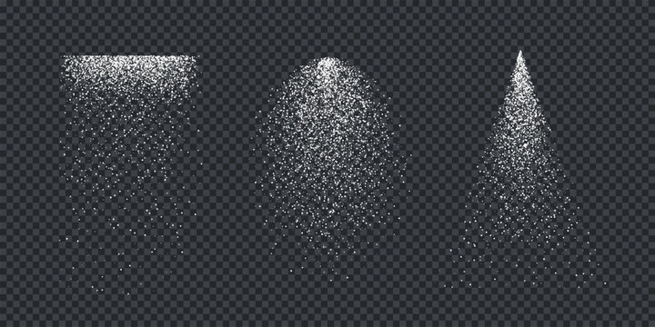 White glitter dust particles in vertical shapes on transparent. Falling light dots forming square, oval, cone silhouettes. Winter snowfall, holiday magic, sparkle effect. Vector illustrations set.