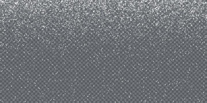 Silver glitter snow overlay on transparent background. Falling sparkle particles create festive shimmer effect for winter decorations, Christmas, New Year themes. Holiday vector illustration.